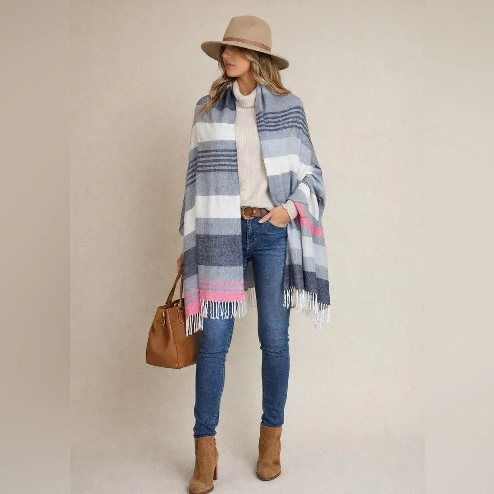 NEW | GAP Striped Scarf Wrap Blanket Fringe Pink White Gray Blue